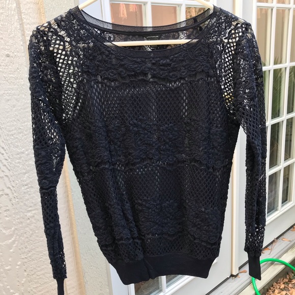 Ann Taylor knit, open net body, long sleeve navy blouse size XS - Picture 5 of 9
